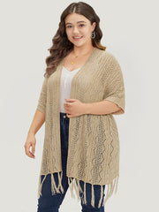 Solid Fringe Trim Geometric Eyelet Batwing Sleeve Cardigan