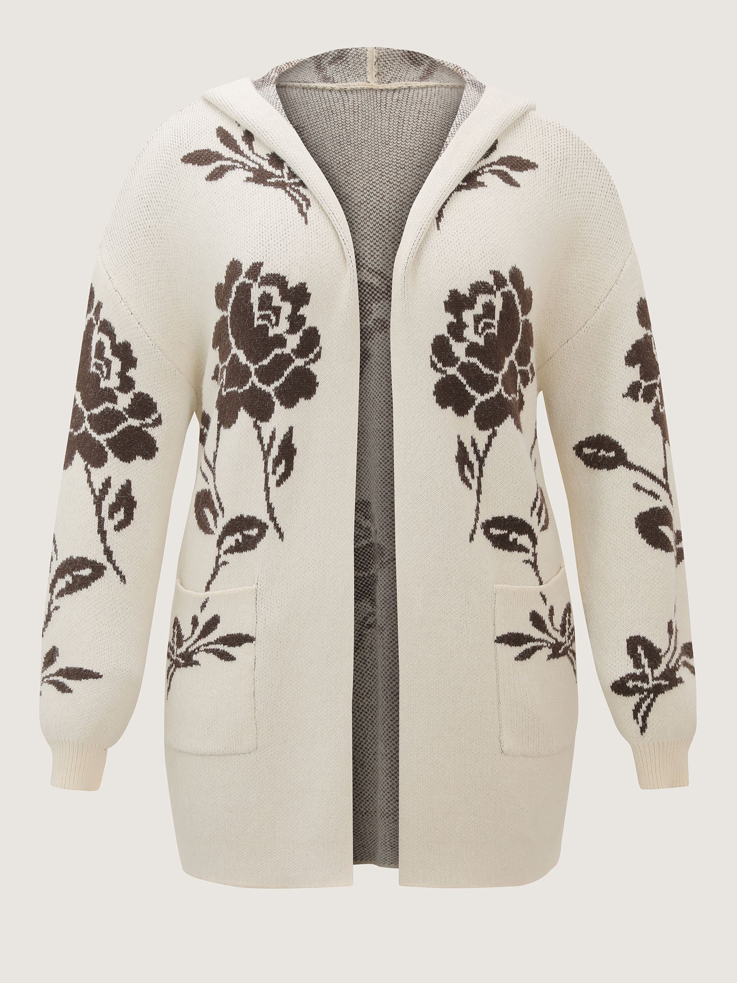 Floral Jacquard Hooded Contrast Knit Cardigan