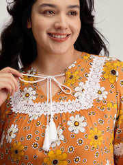 Floral Lace Trim Sheer Knee-Length Dress