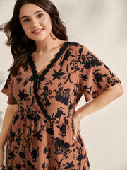 Silhouette Flower Print Contrast Surplice Midi Dress