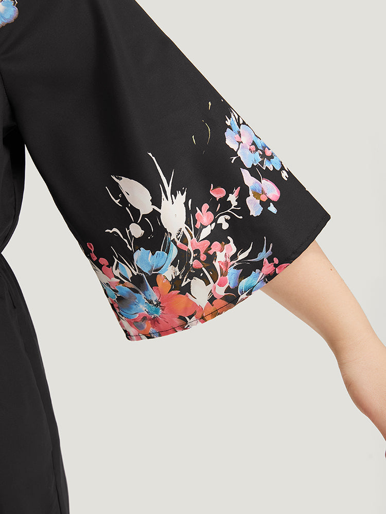 Boho Print Drawstring Pocket Flutter Sleeve Jumpsuit