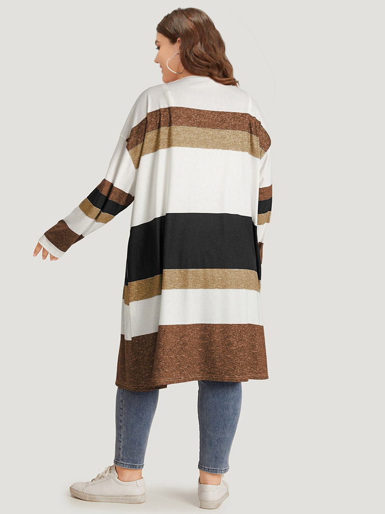 Striped Contrast Pocket Open Front Kimono