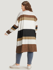 Striped Contrast Pocket Open Front Kimono