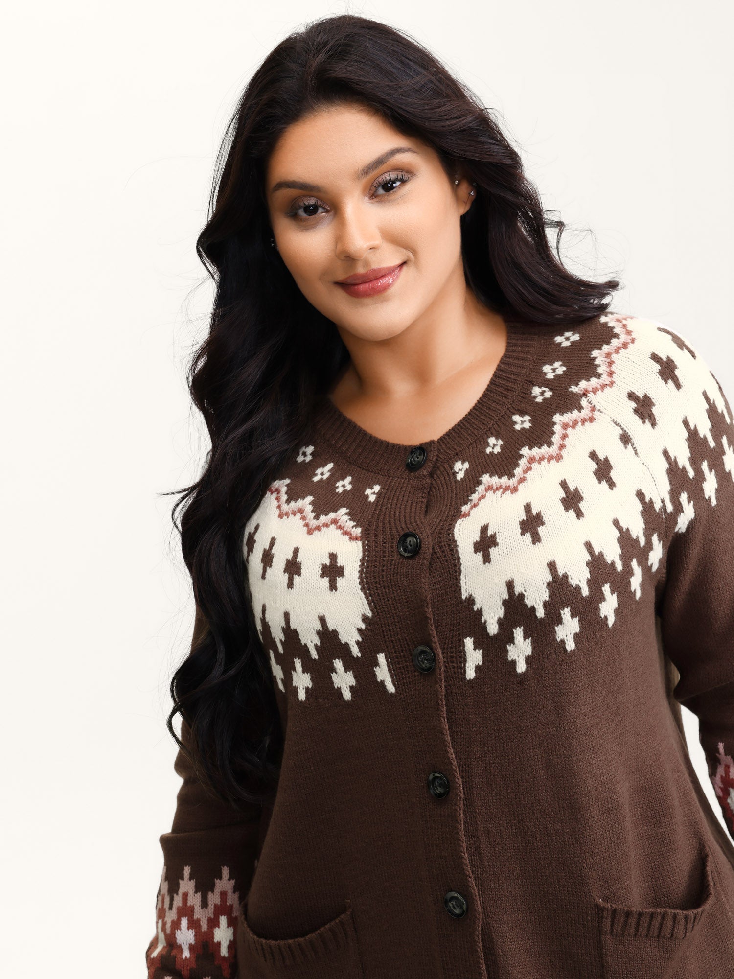 Fair-Isle Yoke Button Knit Cardigan