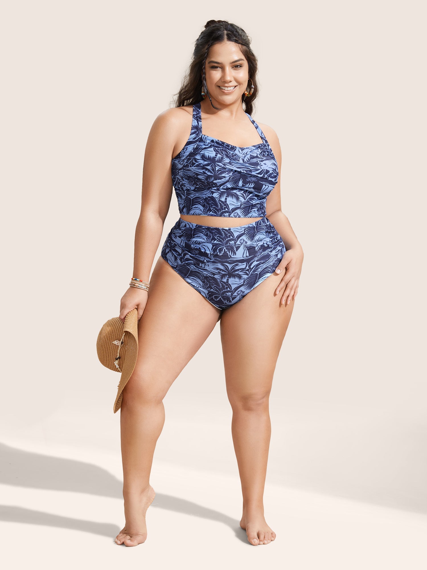 Heart Neckline Tropical Print Crossover Swim Top