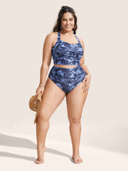 Heart Neckline Tropical Print Crossover Swim Top