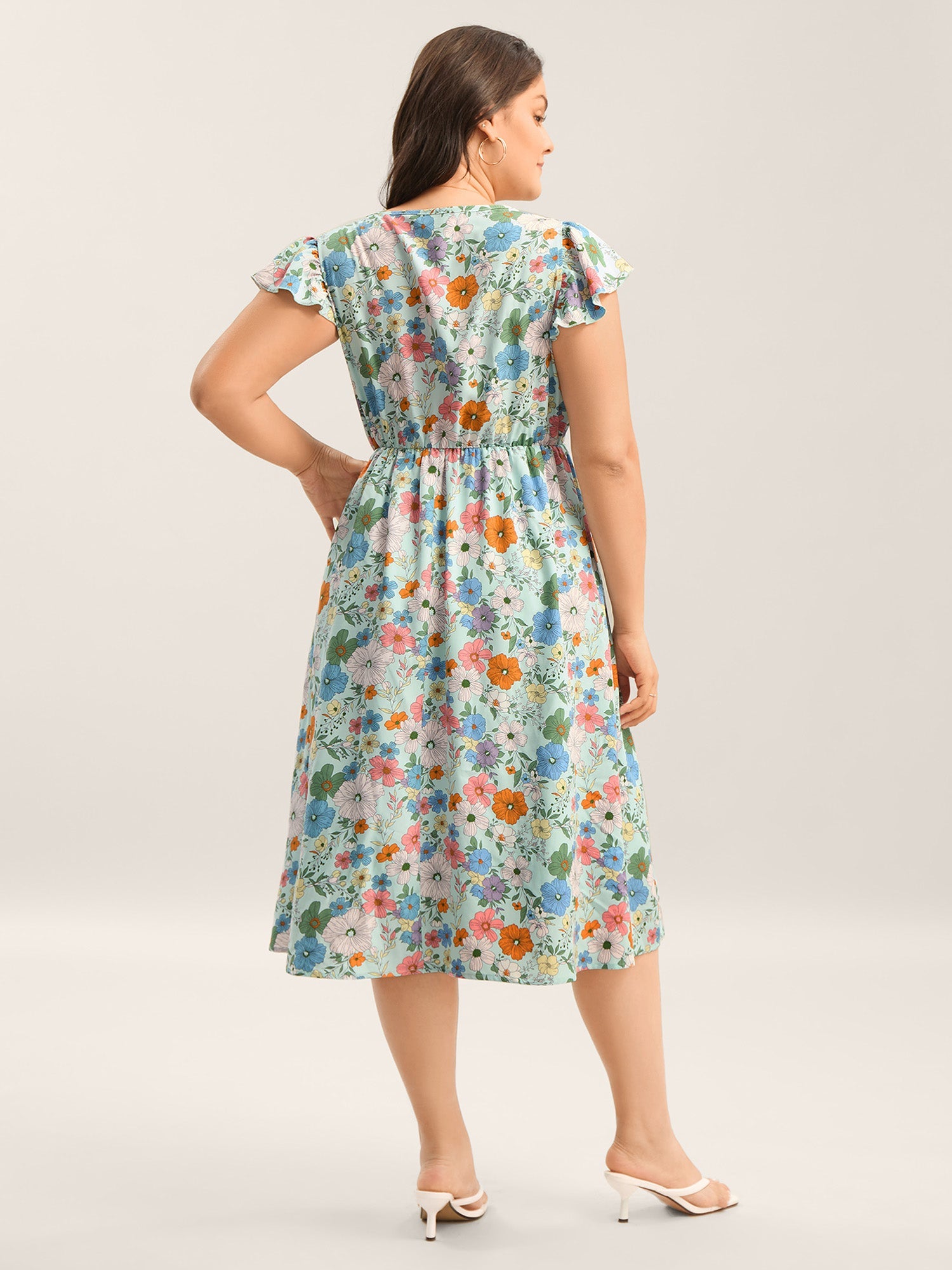 Floral Print Flutter Sleeve Pockets Midi Dress