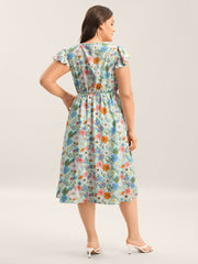 Floral Print Flutter Sleeve Pockets Midi Dress