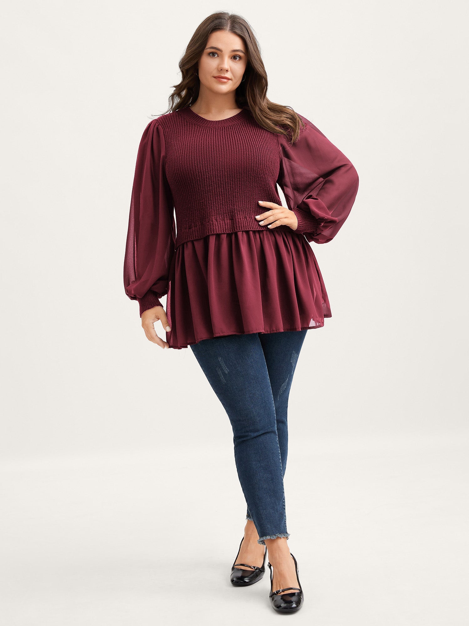 Balloon Sleeve Solid Twofer Sweater