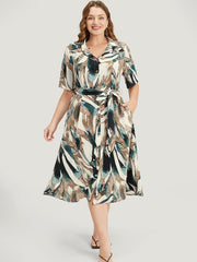 Allover Print Pocket Button Up Belted Shirt Collar Dress