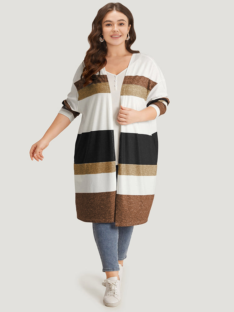 Striped Contrast Pocket Open Front Kimono