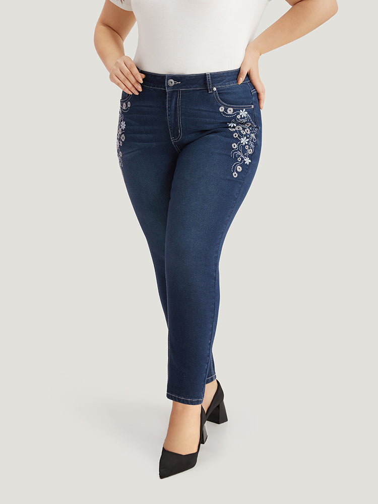 Floral Embroidered High Rise Skinny Jeans