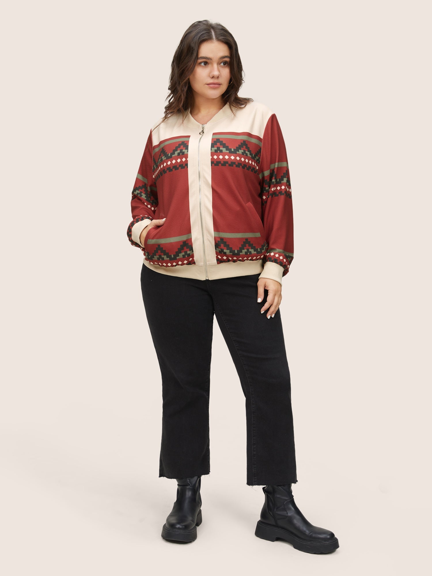 Colorblock Rib Knit Pocket Zipper Fly Jacket