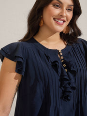 Solid Ruffle Trim Toothpick Pleat Blouse