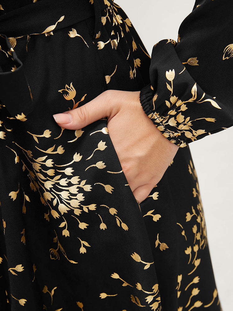 Floral Pocket Lantern Sleeve Belted Surplice Neck Dress