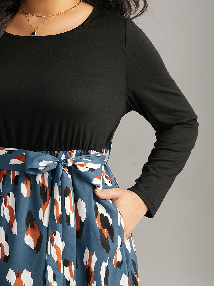 Allover Print Patchwork Belted Pocket Dress