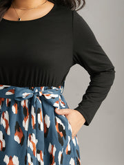 Allover Print Patchwork Belted Pocket Dress