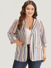 Striped Lapel Collar Pocket Open Front Blazer