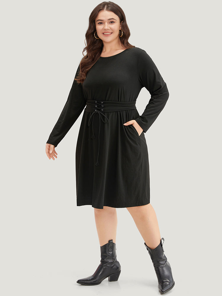 Solid Pocket Drawstring Ties Dress