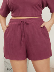 Solid Elastic Waist Pocket Ties Waffle Knit Sleep Shorts