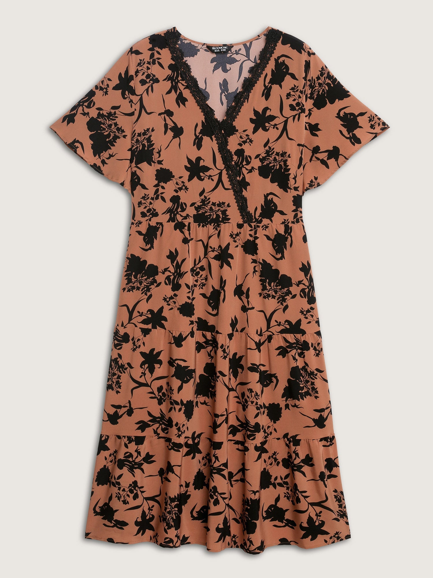 Silhouette Flower Print Contrast Surplice Midi Dress