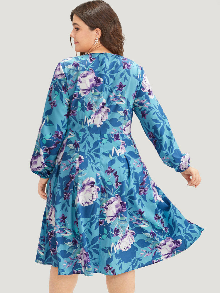 Floral Print Pleated Flutter Zipper Dress