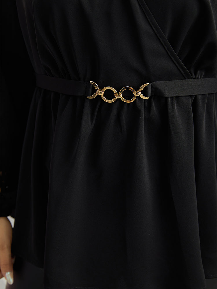 Plain Elastic Waist Buckle Detail Wrap Blouse