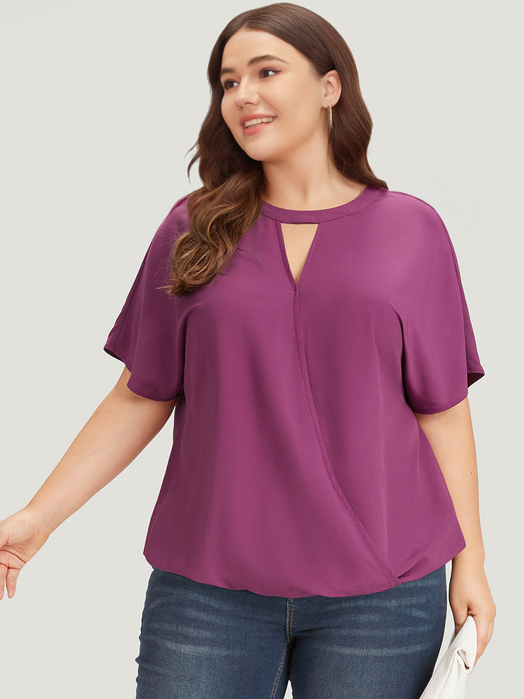 Solid Keyhole Gathered Dolman Sleeve Blouse