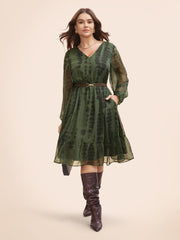 Geometric Mesh Lantern Sleeve Midi Dress