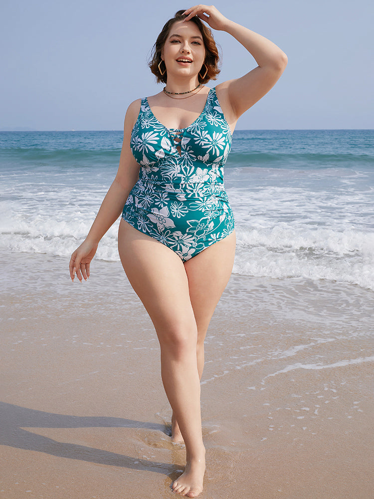 Floral Print Crisscross Sculpt Waist Ruched One Piece Swimsuit