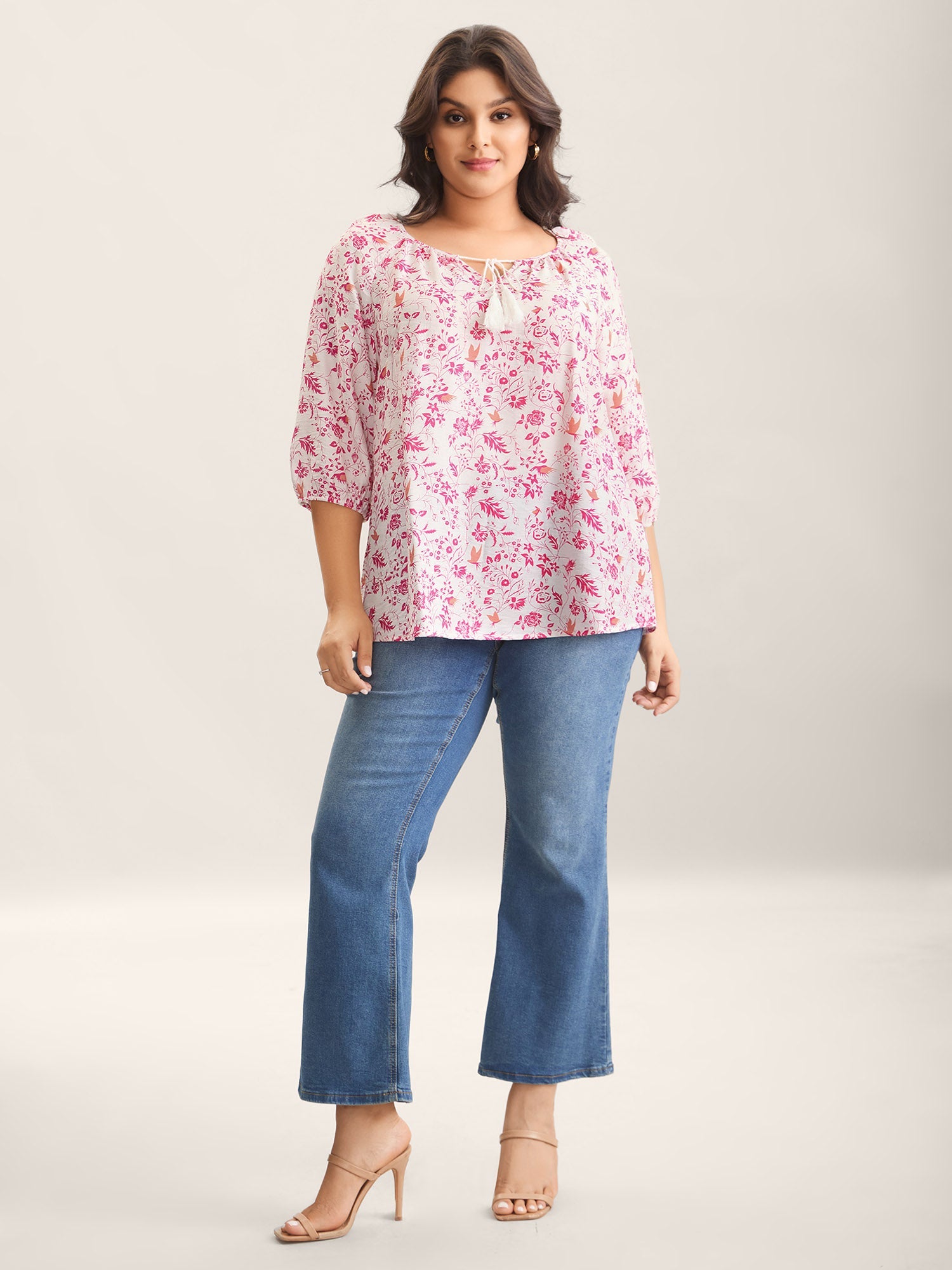 Silhouette Floral Print Neck Tassels Blouse