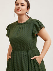 Plain Geometric Layered Sleeve Pocket Ruffle Mock Neck Dress