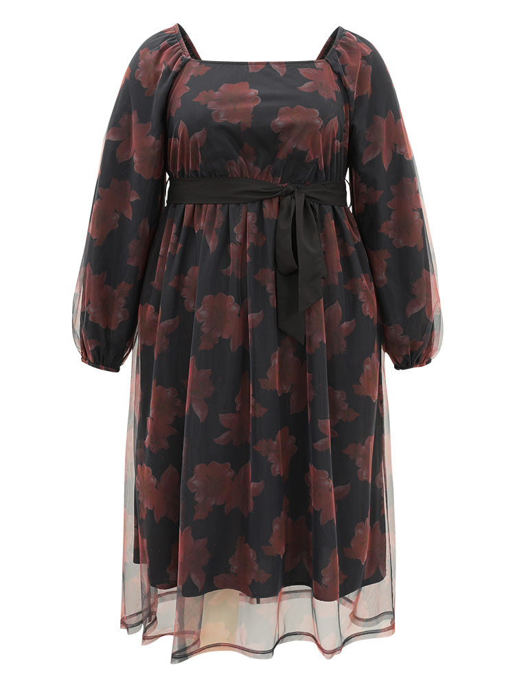 Floral Mesh Belted Gathered Lantern Sleeve Dress