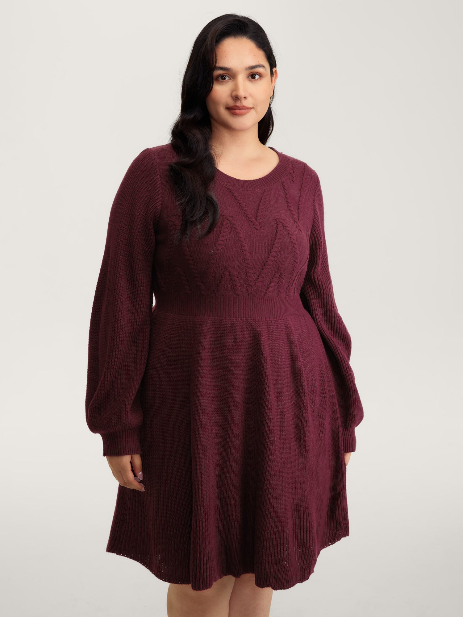 Cable Knit Elastic Waist Midi Sweater Dress