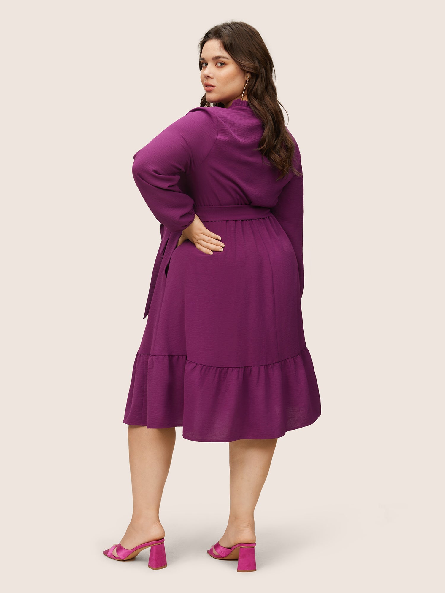 Solid Lace Panel Cut Out Belted Gathered Dress