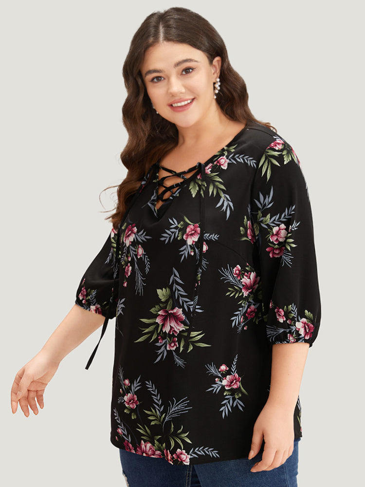 Floral Print Lace Up Lantern Sleeve Blouse
