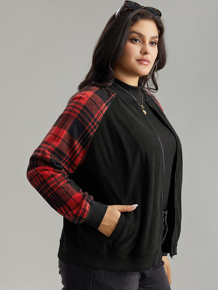 Plaid Patchwork Zipper Pocket Bomber Jacket