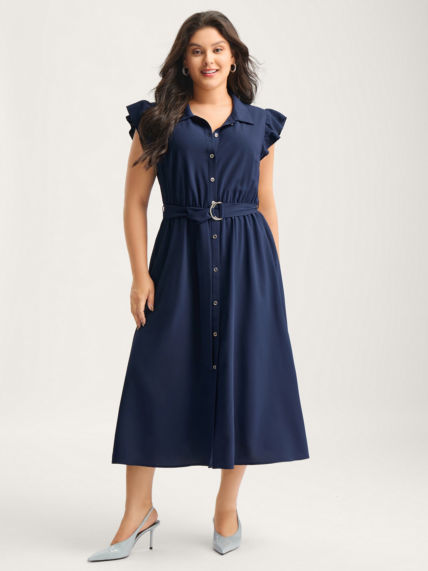 Flutter Sleeve Belted Shirt Dress