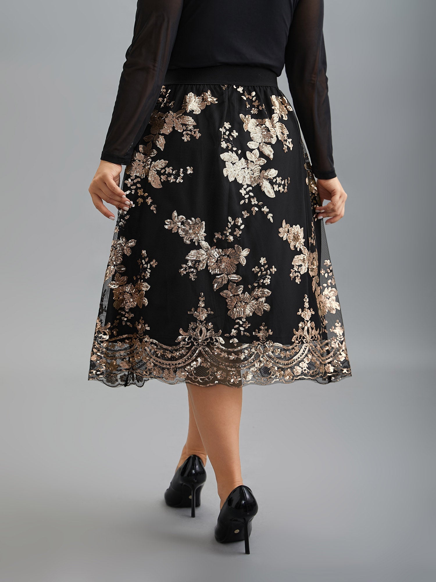 Sequin Floral Stretchy Waist Skirt