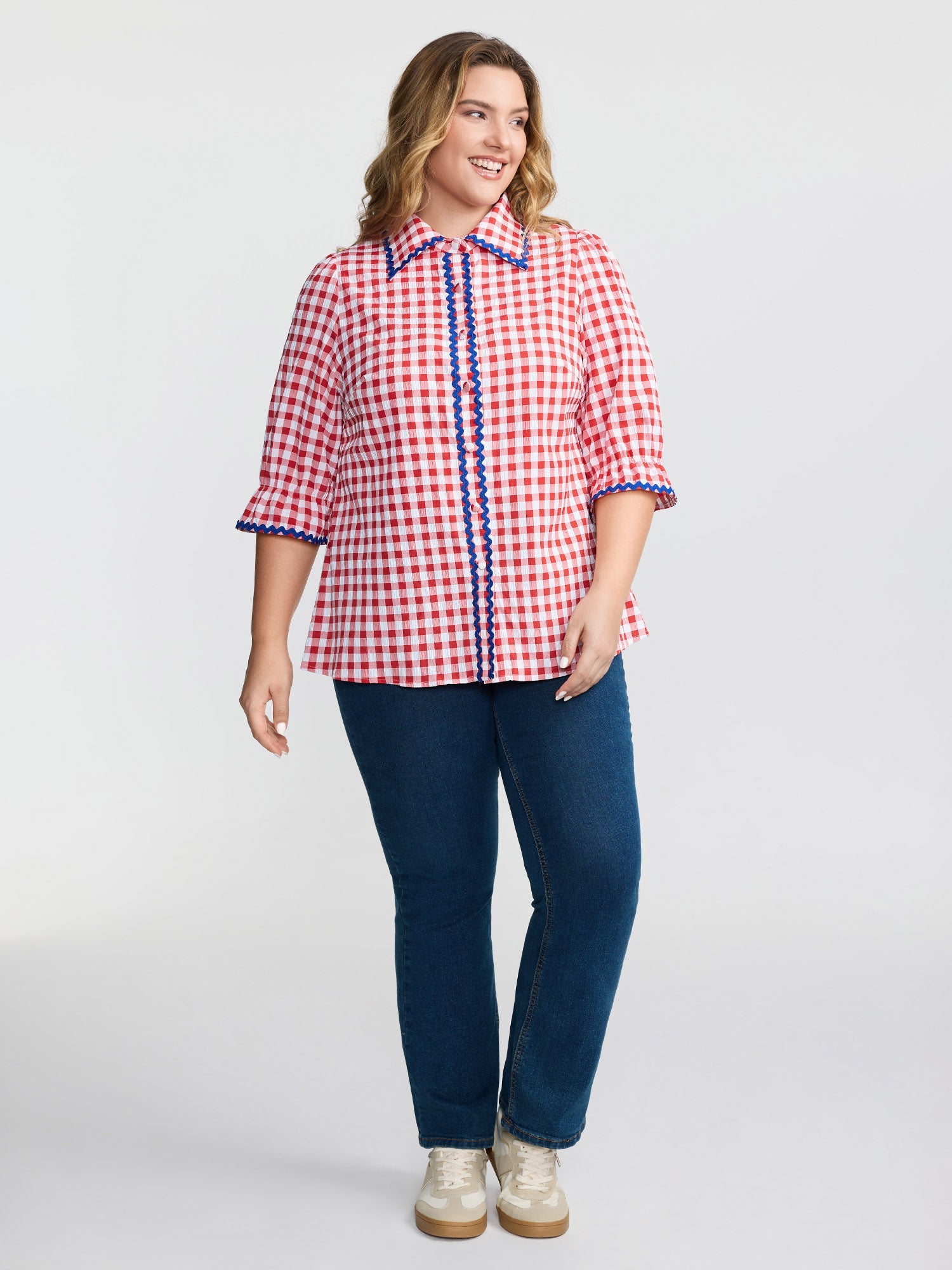 Gingham Color Contrast Edges Blouse
