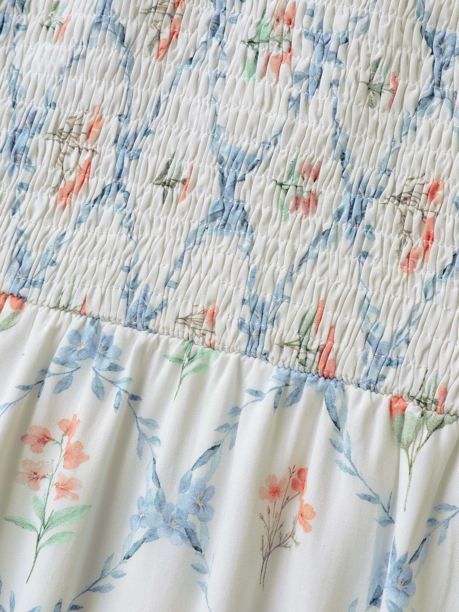 Shirred Floral Print Pockets Midi Dress