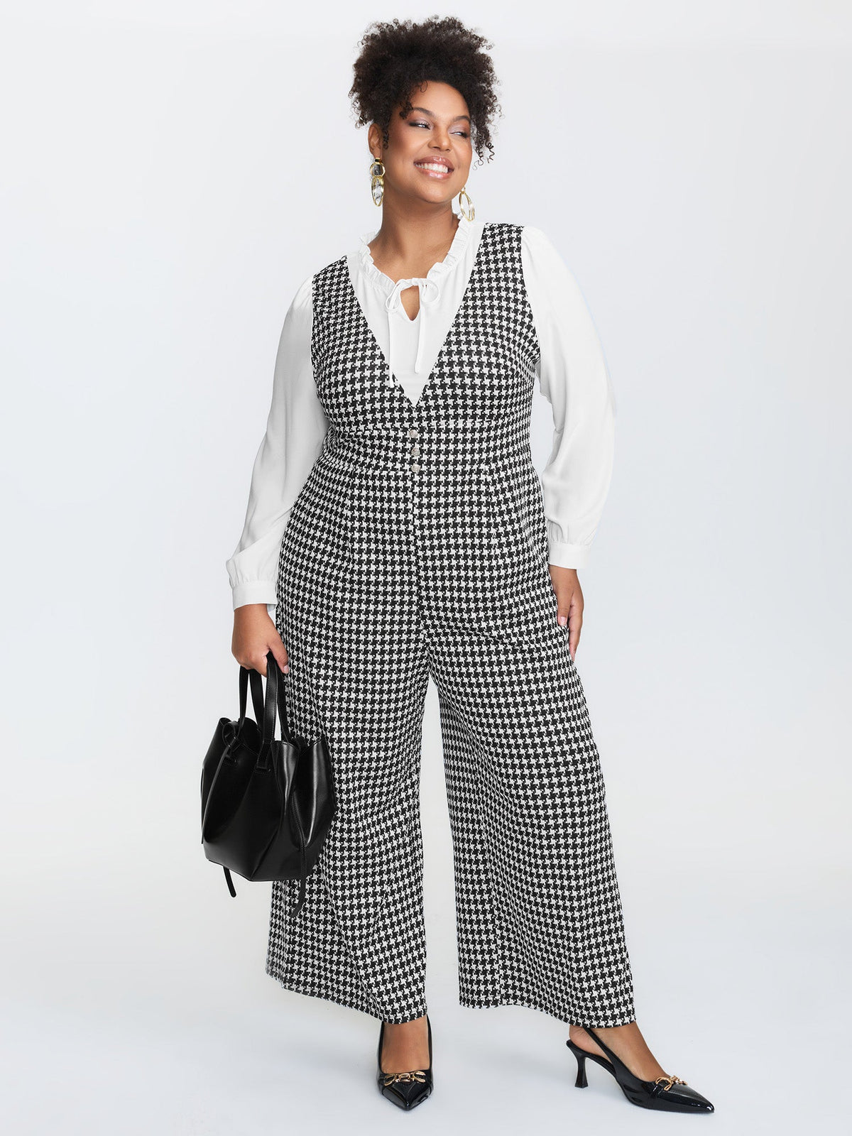 2-In-1 Houndstooth Wide-Leg Jumpsuit