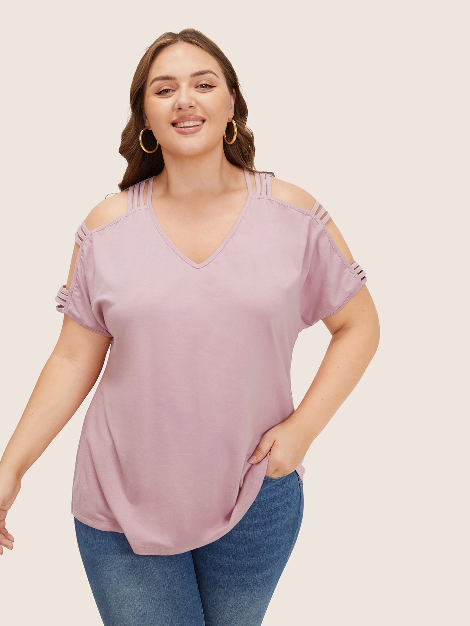 Solid Cut Out Batwing Sleeve T-shirt