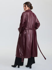Artificial Leather Belted Waist Long Coat