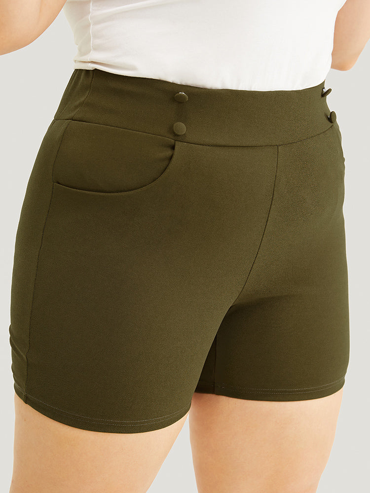 Solid Elastic Waist Button Detail Pocket Shorts