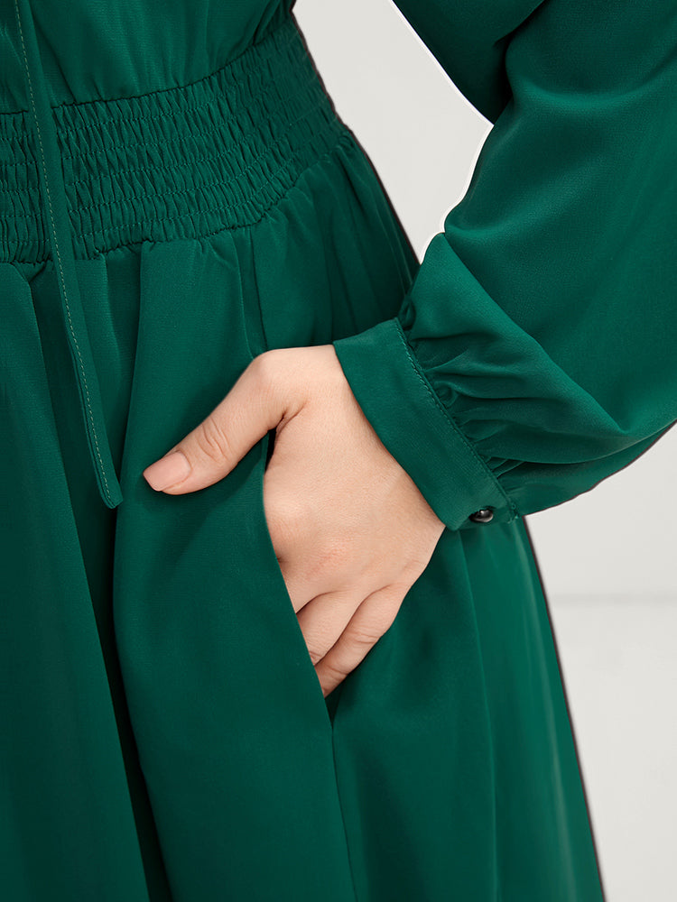 Solid Pocket Shirred Tie V Neck Ruffle Hem Dress