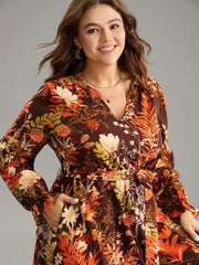 Floral Belted Notched Lantern Sleeve Ruffles Dress