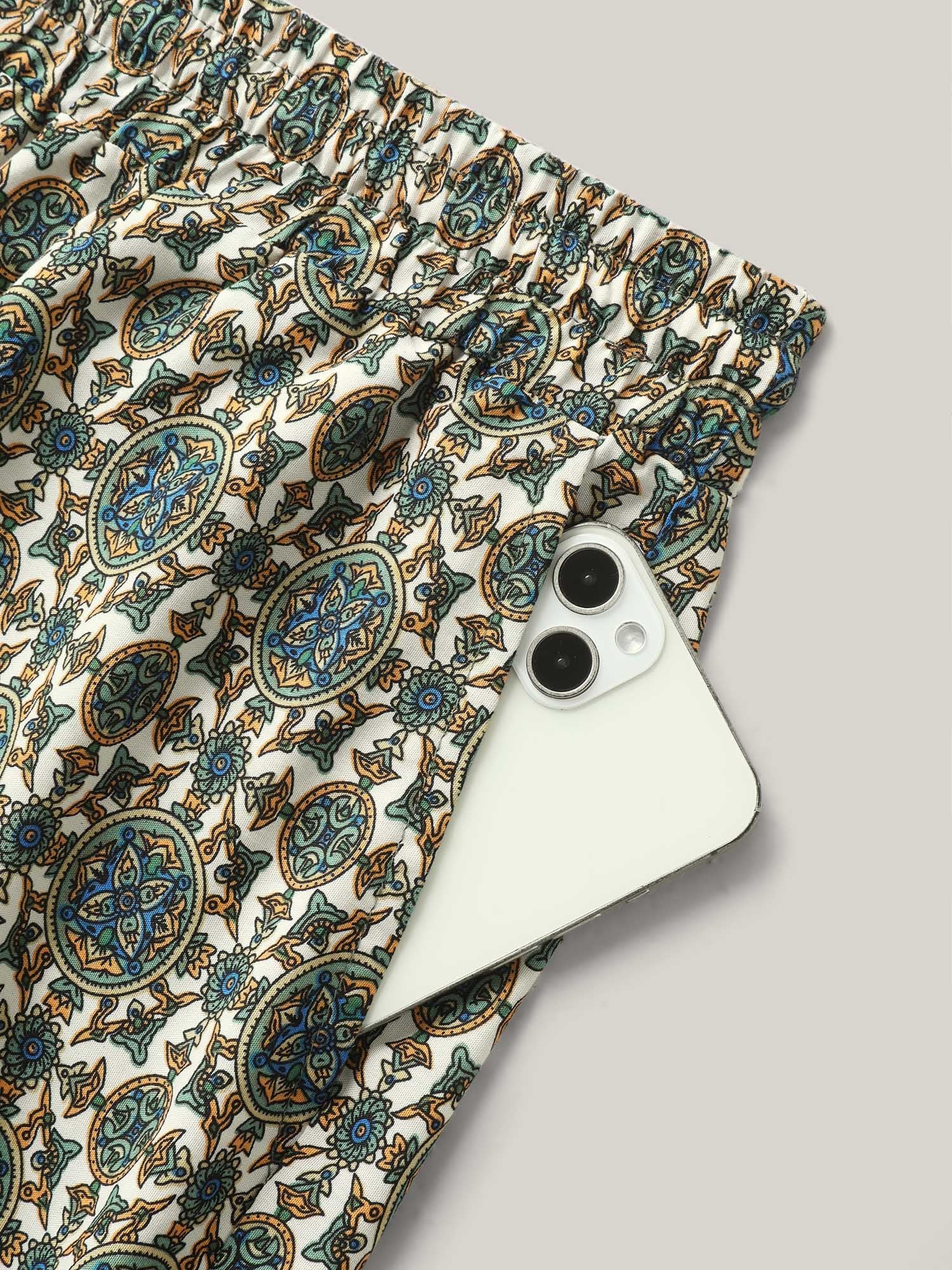 Boho Print Tassel Straight-Leg Shorts