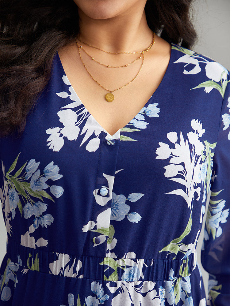 Floral Print Chiffon Pocket Elastic Waist Gathered Dress