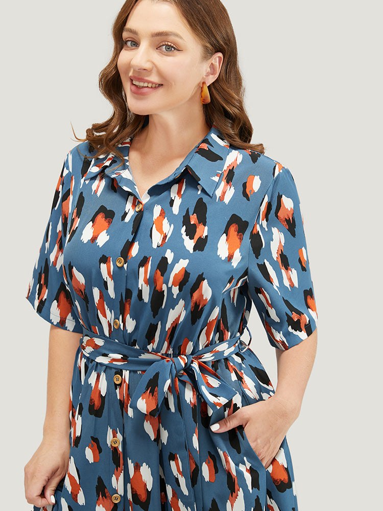 Allover Print Button Detail Pocket Belted Arc Hem Dress